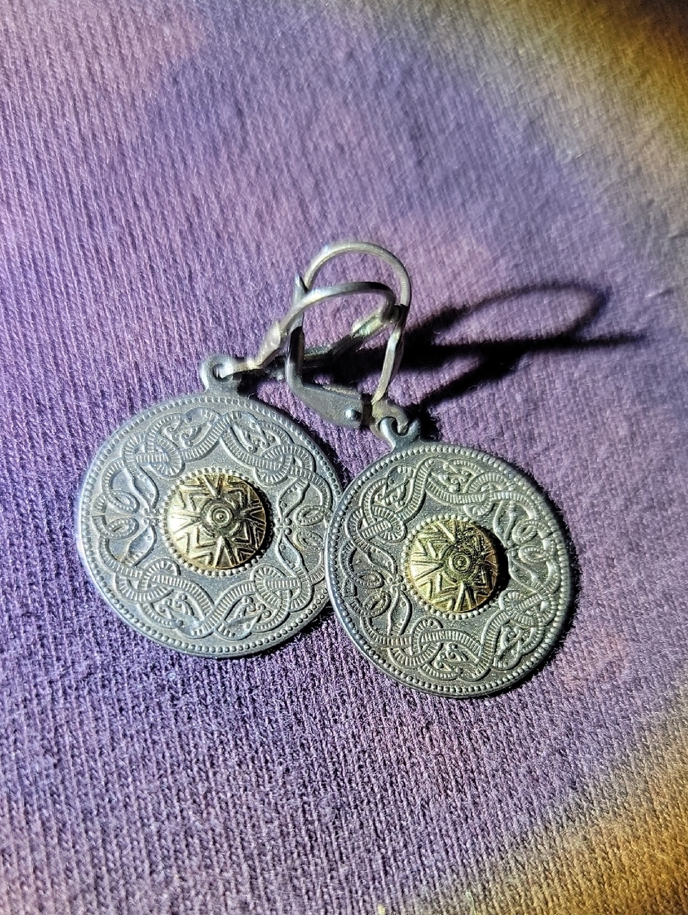 Two-Tone Filigree Medallion Drop Earrings — Silver with Gold Accent